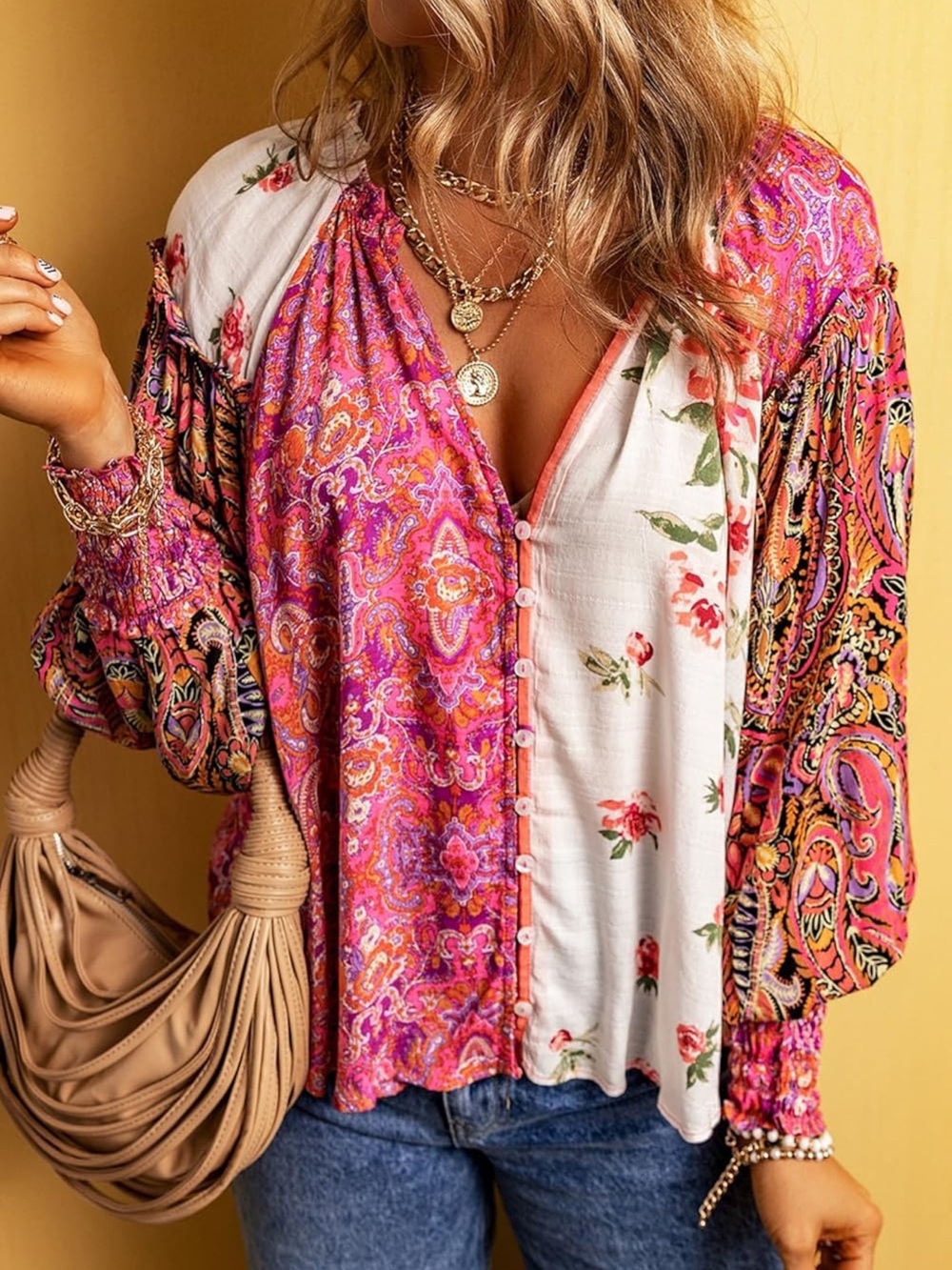 NWT Free People Gemini Pieced Blouse Boho Patchwork Pink Floral V-Neck Button Up